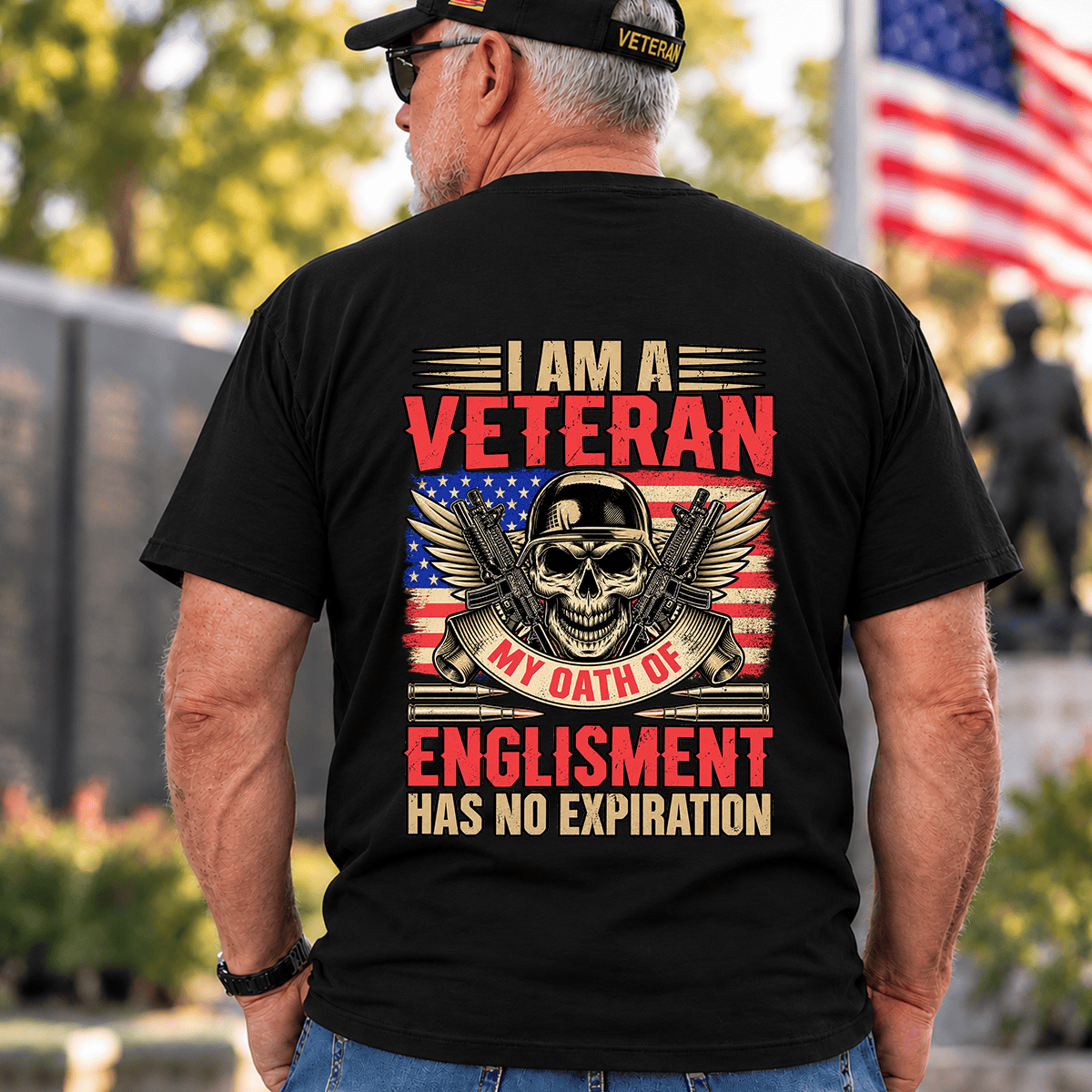 Veteran Oath Of Enlistment Has No Expiration Skull T Shirt Gift For Men Black Back