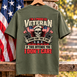 Proud US Veteran Stand For The Flag Kneel For The Fallen Skull T Shirt Gift For Men Army Green Hang