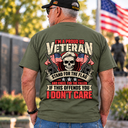 Proud US Veteran Stand For The Flag Kneel For The Fallen Skull T Shirt Gift For Men Army Green Back