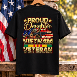 Proud Daughter Of A Vietnam Veteran Floral American Flag T Shirt Gift For Women Black Hang