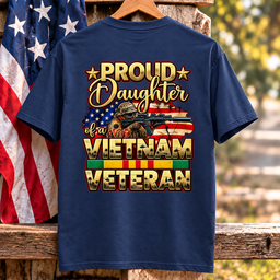 Proud Daughter Of A Vietnam Veteran Floral American Flag T Shirt Gift For Women Navy Hang