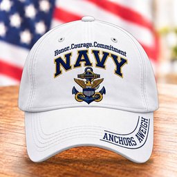 U.S. Navy Anchors Aweigh Hat, Honor Courage Commitment Baseball Cap - White