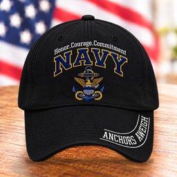 U.S. Navy Anchors Aweigh Hat, Honor Courage Commitment Baseball Cap - Black