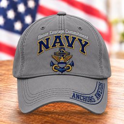 U.S. Navy Anchors Aweigh Hat, Honor Courage Commitment Baseball Cap - Grey