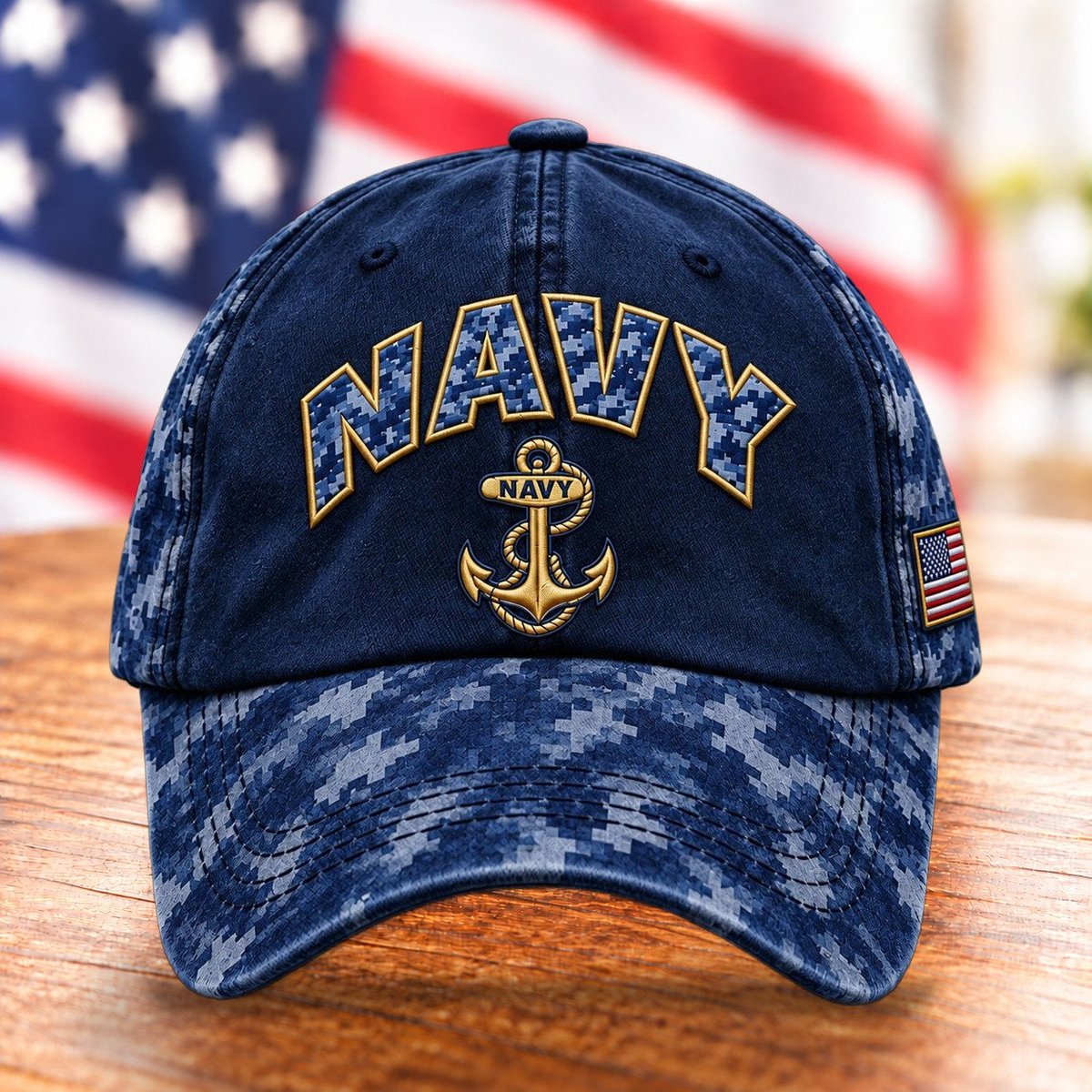 U.S. Navy Anchor Hat, Blue Camouflage Veteran Baseball Cap - Picture 1