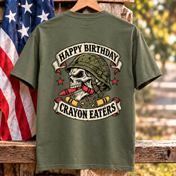 Happy Birthday Crayon Eaters Vintage Skull Helmet Banner Veteran T Shirt Gift For Men Army Green Hang