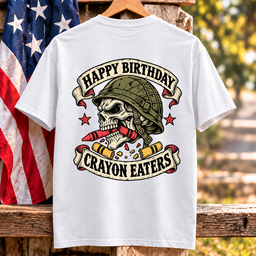 Happy Birthday Crayon Eaters Vintage Skull Helmet Banner Veteran T Shirt Gift For Men White Hang