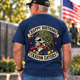 Happy Birthday Crayon Eaters Vintage Skull Helmet Banner Veteran T Shirt Gift For Men Navy Back