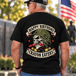 Happy Birthday Crayon Eaters Vintage Skull Helmet Banner Veteran T Shirt Gift For Men Black Back