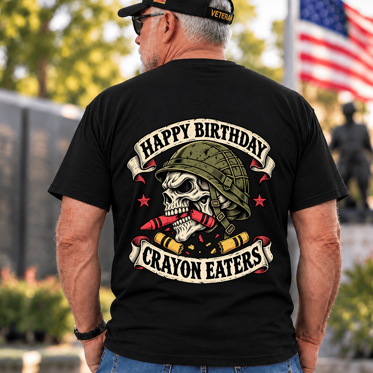 Happy Birthday Crayon Eaters Vintage Skull Helmet Banner Veteran T Shirt Gift For Men Black Back