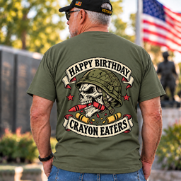 Happy Birthday Crayon Eaters Vintage Skull Helmet Banner Veteran T Shirt Gift For Men Army Green Back