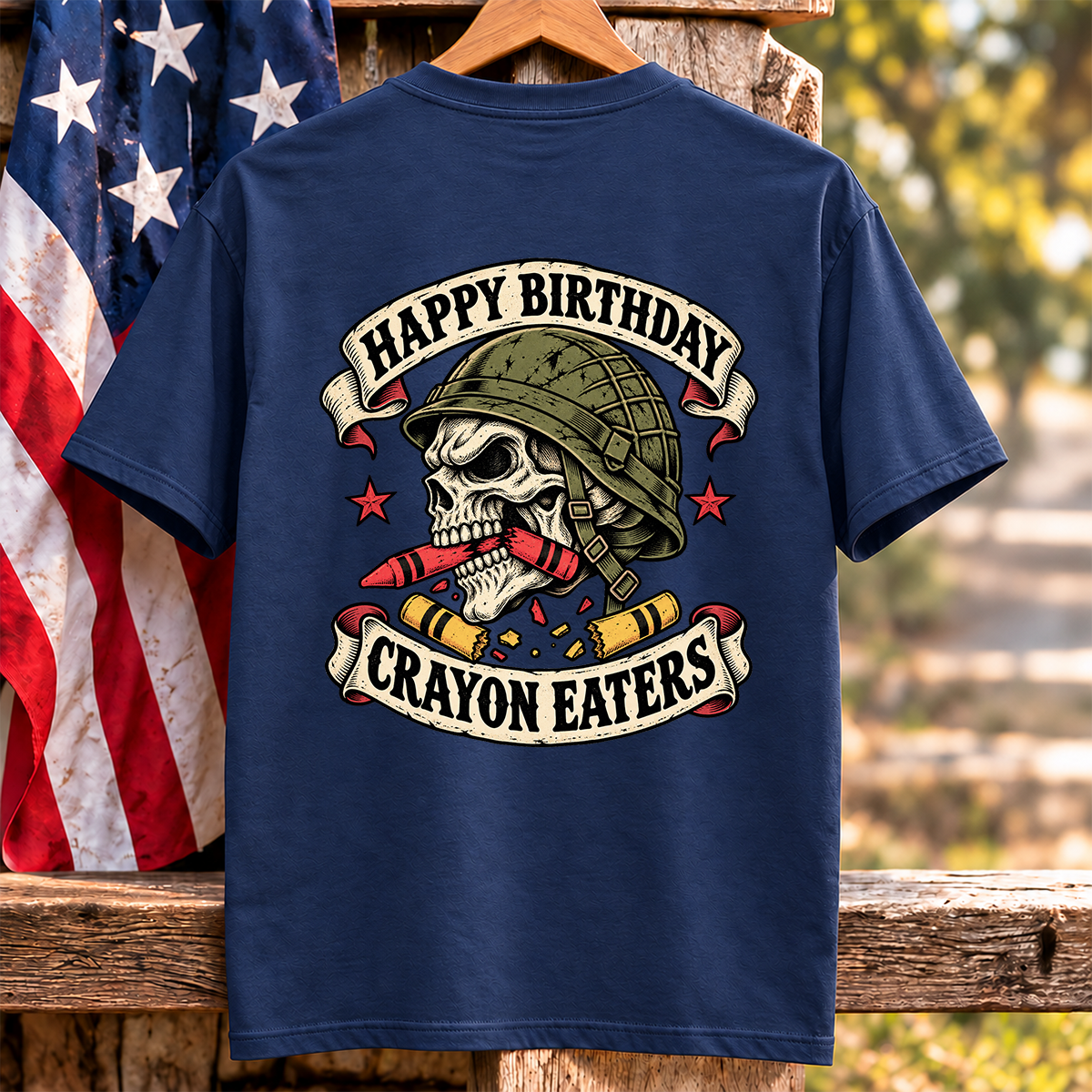 Happy Birthday Crayon Eaters Vintage Skull Helmet Banner Veteran T Shirt Gift For Men Navy Hang