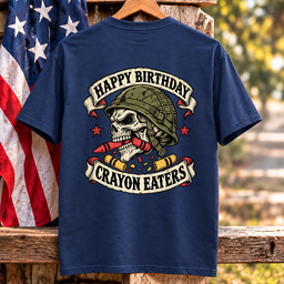 Happy Birthday Crayon Eaters Vintage Skull Helmet Banner Veteran T Shirt Gift For Men Navy Hang