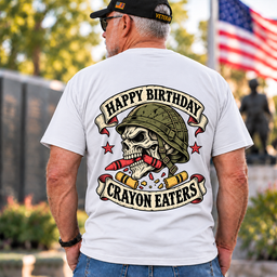 Happy Birthday Crayon Eaters Vintage Skull Helmet Banner Veteran T Shirt Gift For Men White Back