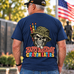 Happy Birthday Crayon Eaters Skull Boonie Hat Crayon Candles Veteran T Shirt Gift For Men Navy Back