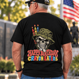 Happy Birthday Crayon Eaters Skull Boonie Hat Crayon Candles Veteran T Shirt Gift For Men Black Back