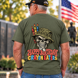 Happy Birthday Crayon Eaters Skull Boonie Hat Crayon Candles Veteran T Shirt Gift For Men Army Green Back