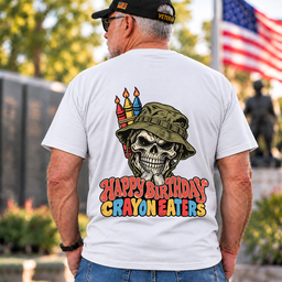 Happy Birthday Crayon Eaters Skull Boonie Hat Crayon Candles Veteran T Shirt Gift For Men White Back