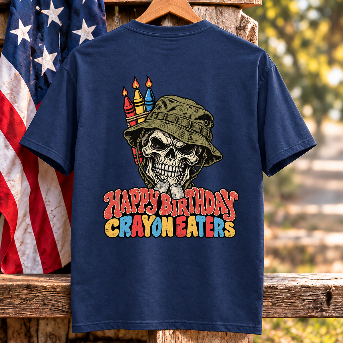 Happy Birthday Crayon Eaters Skull Boonie Hat Crayon Candles Veteran T Shirt Gift For Men Navy Hang