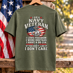 I Am A Navy Veteran Anchor American Flag I Love Freedom DD-214 T Shirt Gift For Men Army Green Hang