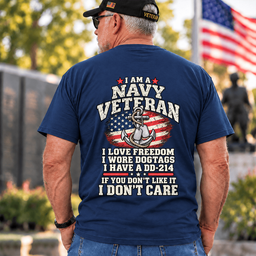 I Am A Navy Veteran Anchor American Flag I Love Freedom DD-214 T Shirt Gift For Men Navy Back