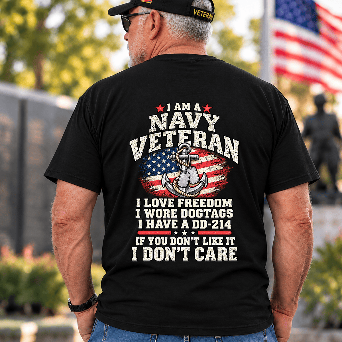 I Am A Navy Veteran Anchor American Flag I Love Freedom DD-214 T Shirt Gift For Men Black Back