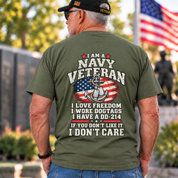 I Am A Navy Veteran Anchor American Flag I Love Freedom DD-214 T Shirt Gift For Men Army Green Back