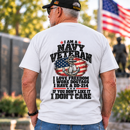 I Am A Navy Veteran Anchor American Flag I Love Freedom DD-214 T Shirt Gift For Men White Back