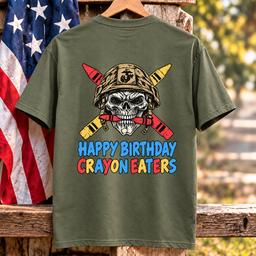 Happy Birthday Crayon Eaters Skull Helmet Crossed Crayons Veteran T Shirt Gift For Men Army Green Hang