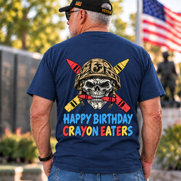 Happy Birthday Crayon Eaters Skull Helmet Crossed Crayons Veteran T Shirt Gift For Men Navy Back
