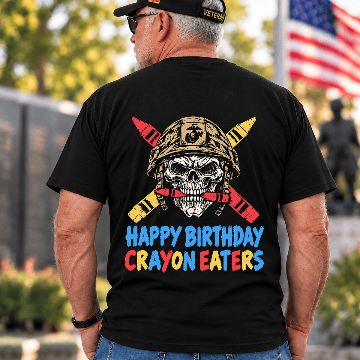 Happy Birthday Crayon Eaters Skull Helmet Crossed Crayons Veteran T Shirt Gift For Men Black Back