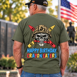 Happy Birthday Crayon Eaters Skull Helmet Crossed Crayons Veteran T Shirt Gift For Men Army Green Back