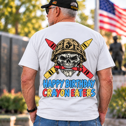 Happy Birthday Crayon Eaters Skull Helmet Crossed Crayons Veteran T Shirt Gift For Men White Back