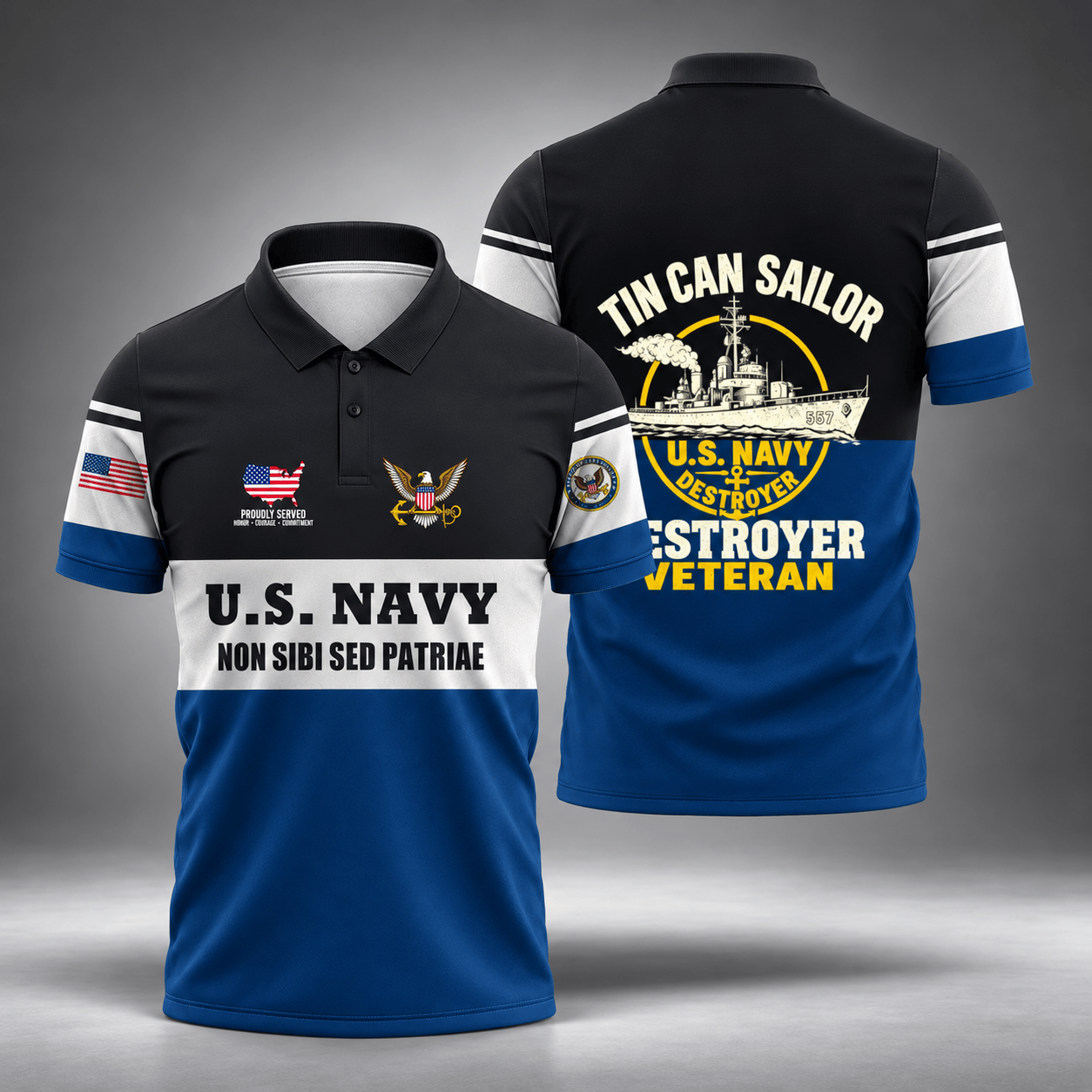 Tin Can Sailor U.S. Navy Destroyer Veteran Polo Shirt, Navy Veteran Shirts - Polo Shirt - front - Minimal Gray Studio Backdrop