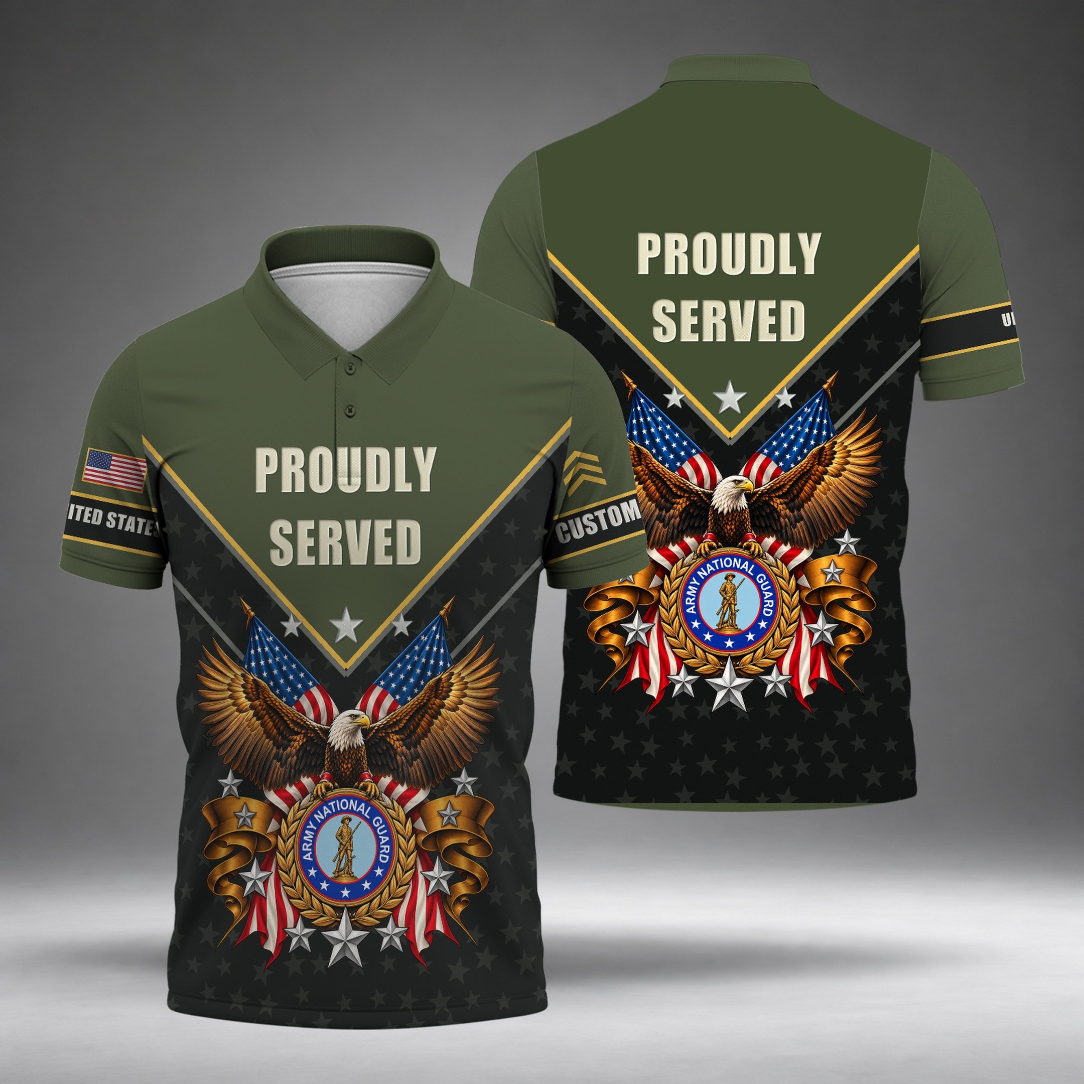 Proudly Served Army National Guard Veteran Polo Shirt, Military Veteran Shirts - Polo Shirt - front - Minimal Gray Studio Backdrop