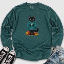 Cozy Fall Black Cat Long Sleeve Tee