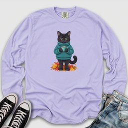 Cozy Fall Black Cat Long Sleeve Tee