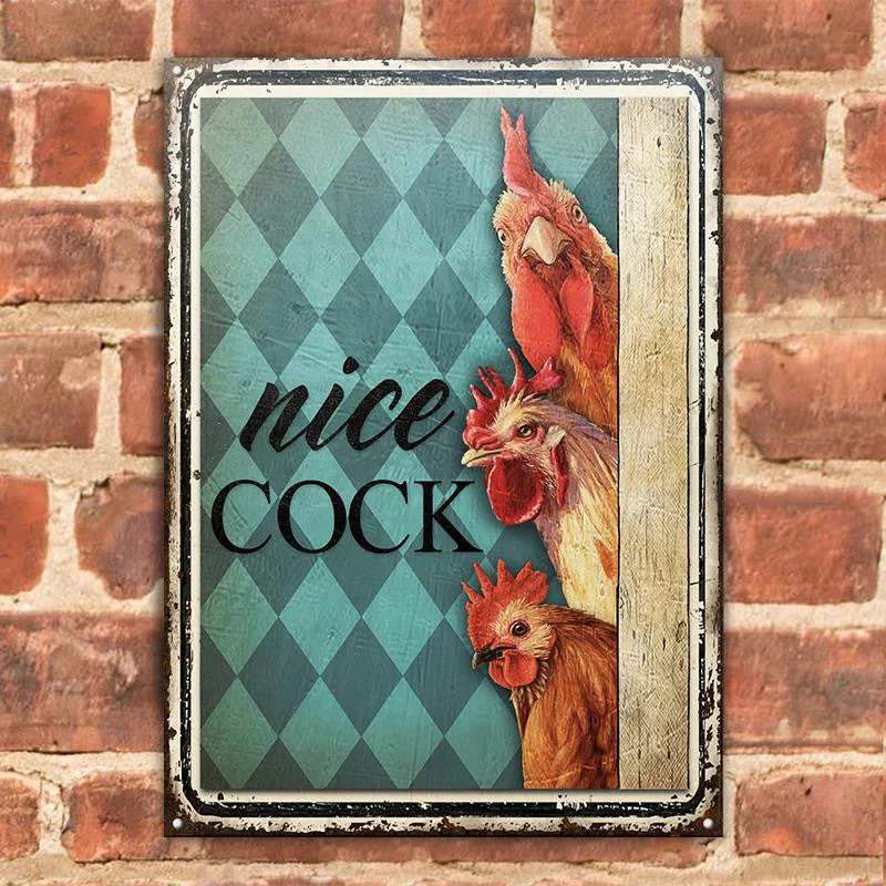 Funny Chicken Nice Cock Mint Restroom Blue Rectangle Metal Sign Custom Name