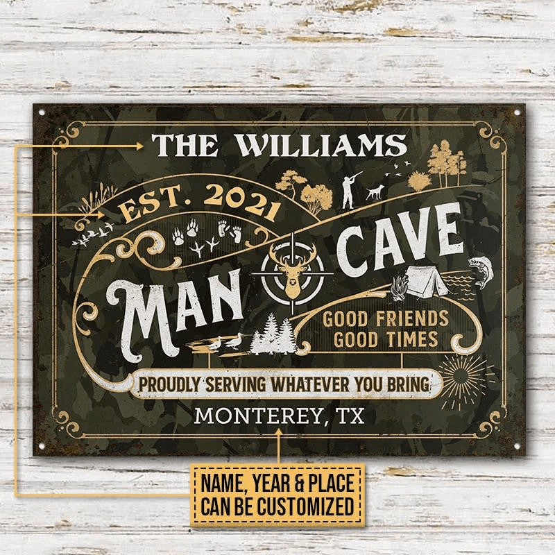 Man Cave Hunting Proudly Serving Cute Rectangle Metal Sign Custom Name Year Place