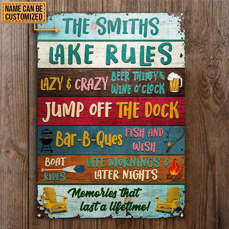 Lake Rules Jump OffThe Dock Rectangle Metal Sign Custom Name