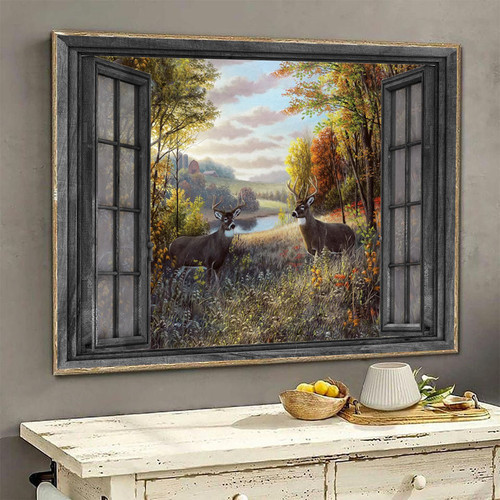 Deer 3D Window View Wall Art Housewarming Gift Decor Spring Forest Hunting Lover Da0361-Tnt Framed Prints, Canvas Paintings