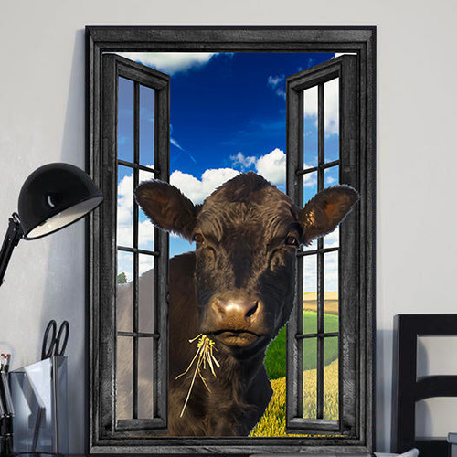 Black Angus Cow 3D Window View Canvas Wall Art Painting Prints Home Decor Framed Prints, Canvas Paintings