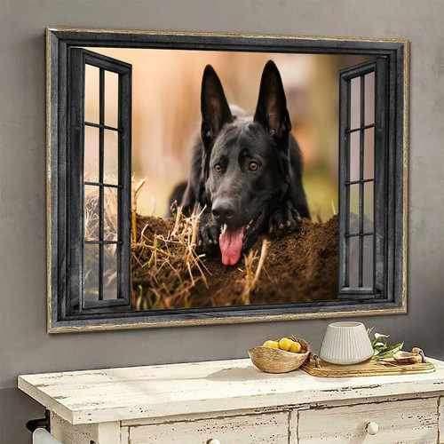 Black German Shepherd Tongue Out 3D Window View Wall Arts Painting Prints Home Decor Th0402-Ptd Framed Prints, Canvas Paintings