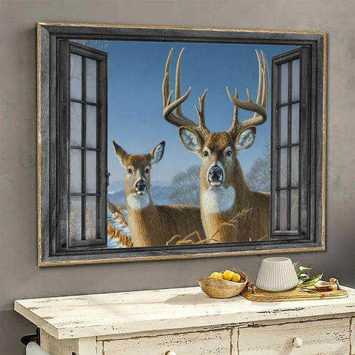 Deer 3D Window View Wall Art Housewarming Gift Decor Painting Winter Hunting Lover Da0347-Tnt Framed Prints, Canvas Paintings