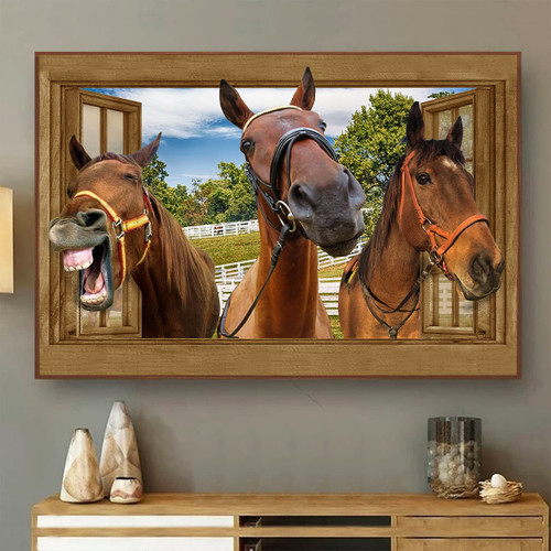 Funny Horse 3D Window View Wall Art Opend Window Home Decor Gift Racing Riding Lover Framed Prints, Canvas Paintings