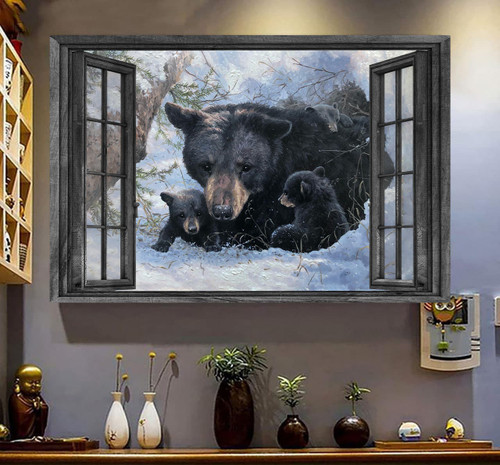 Bear 3D Window View Canvas Wall Art Painting Art 3D Window View Wild Animals Lover Bear Winter Home Decoration Framed Prints, Canvas Paintings