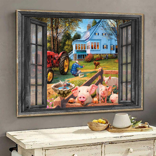 Pig 3D Window View Canvas Wall Art Painting Wall Art Decor Farm Animals Ha0363-Ptd Framed Prints, Canvas Paintings