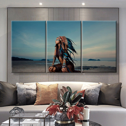 Indian Woman Outdoors At Sunset Native American Style Background With Free Text Space Abstrast, Multi Canvas Painting Wall Art Ideas, Multi Piece Panel Canvas Home Decor Housewarming Gift Ideas Poster Canvas Gallery Painting