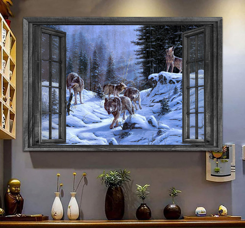 Wolf 3D Window View Canvas Wall Art Painting Art 3D Window View Wild Animals Home Decoration Gift Idea Birthday Framed Prints, Canvas Paintings