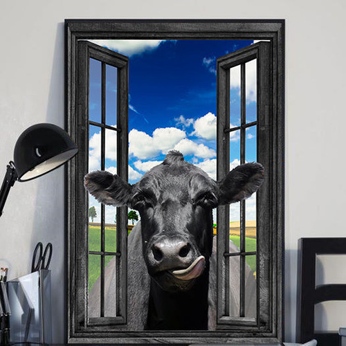 Black Angus Cow 3D Window View Canvas Wall Art Painting Prints Home Decor Tongue Out Framed Prints, Canvas Paintings